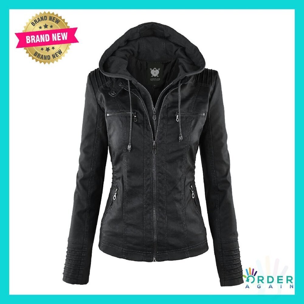 Faux Leather Moto Biker Jacket Coat Removable Hood Slim Fit Chic